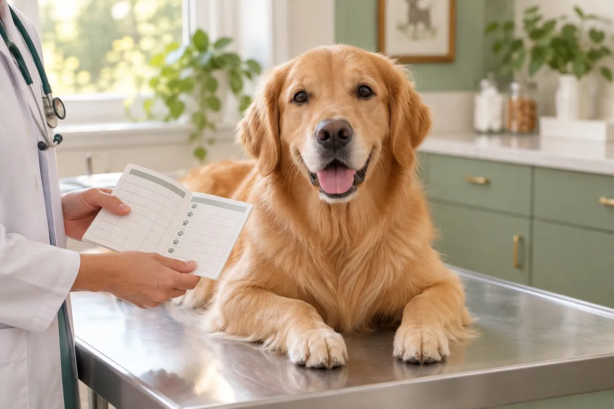 Muayene masasındaki golden retriever ve yanında sağlık karnesi tutan eller; koruyucu bakım için temsili fotoğraf.