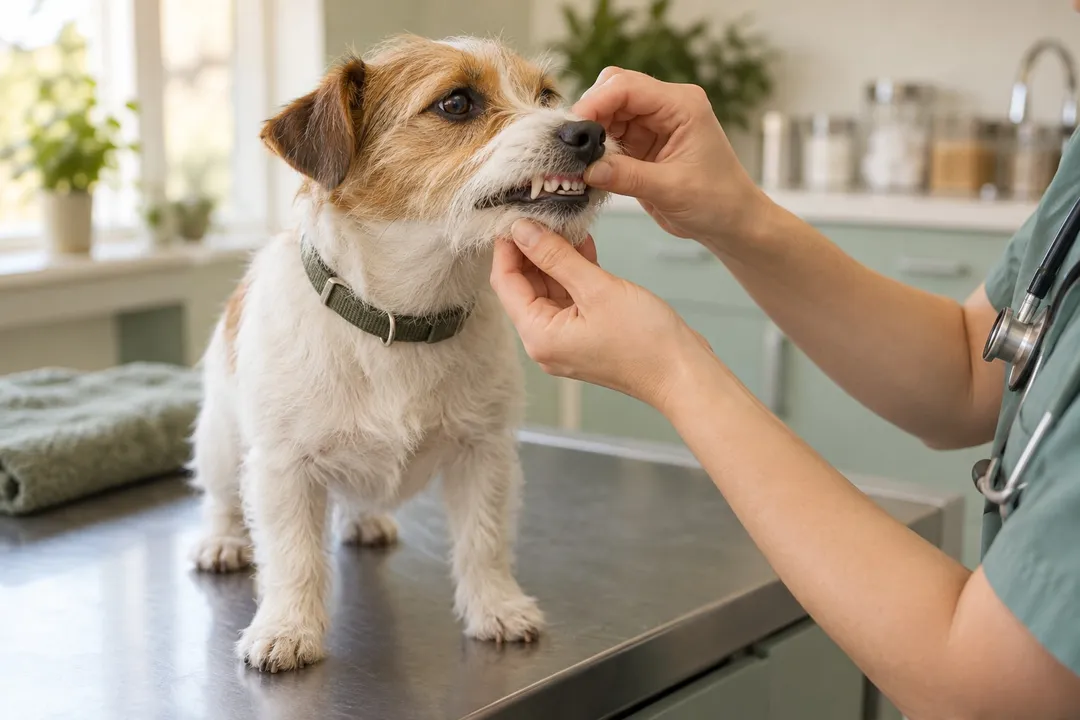 Bir köpeğin üst dudağının nazikçe kaldırılarak dişlerinin incelenmesini gösteren temsili fotoğraf.