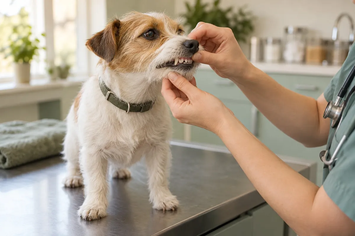 Bir köpeğin üst dudağının nazikçe kaldırılarak dişlerinin incelenmesini gösteren temsili fotoğraf.